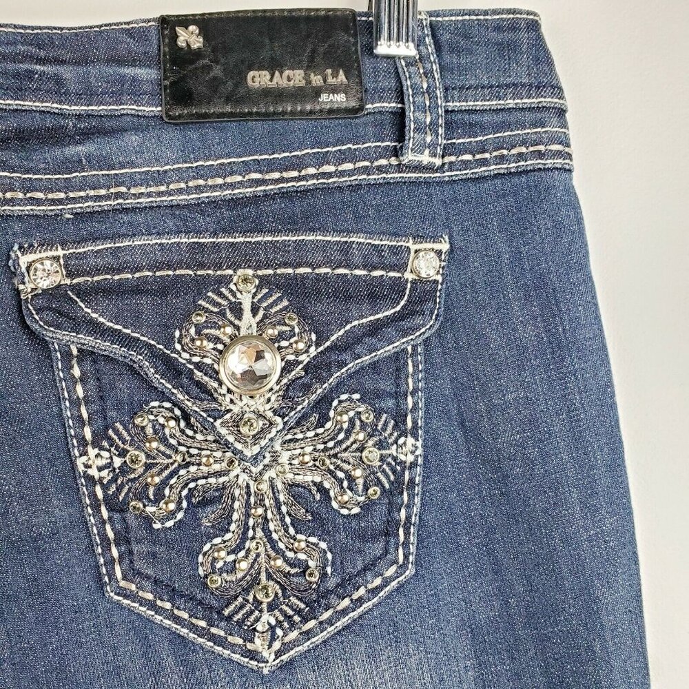 Grace in LA Women Bootcut Jeans Mid Rise Bold Cross Stretch Med Blue 30/34 NWT - Picture 3 of 10
